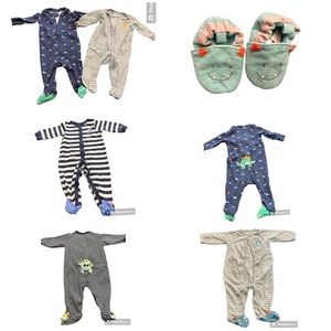 Carter's Lightweight Baby Footie Pajamas & Slippers - Monster/Dino Theme (3-6M)